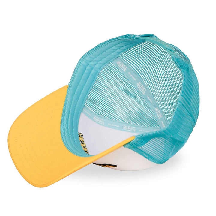 Von Dutch Casquette "Surf 12" - Von Dutch Casquette "Surf 12" – Trucker coloris turquoise, blanc, jaune et rose. Visière arrondie, filet rigide, snapback ajustable. Coton-polyester 50/50 - Esprit Pilote