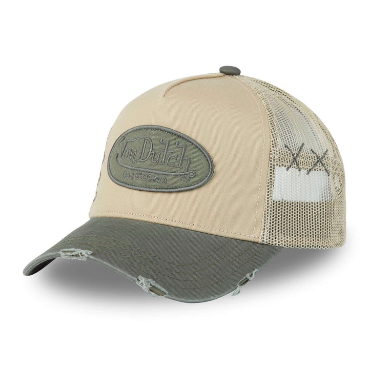 Von Dutch Casquette "Used 02" - Von Dutch Casquette "Used 02" – Trucker kaki/beige effet usé. Filet rigide, visière arrondie, snapback ajustable. Coton 50% polyester 50%. - Esprit Pilote