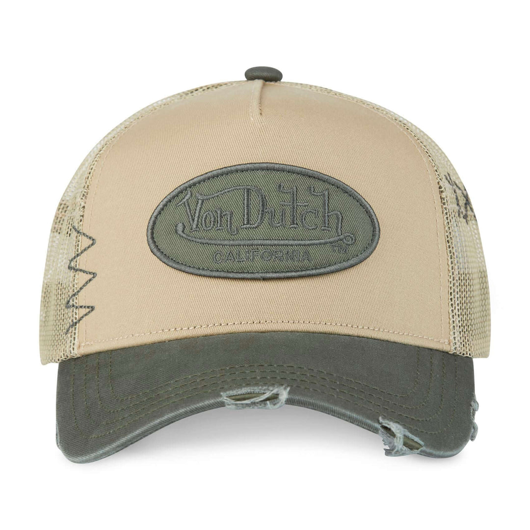 Von Dutch Casquette "Used 02" - Von Dutch Casquette "Used 02" – Trucker kaki/beige effet usé. Filet rigide, visière arrondie, snapback ajustable. Coton 50% polyester 50%. - Esprit Pilote