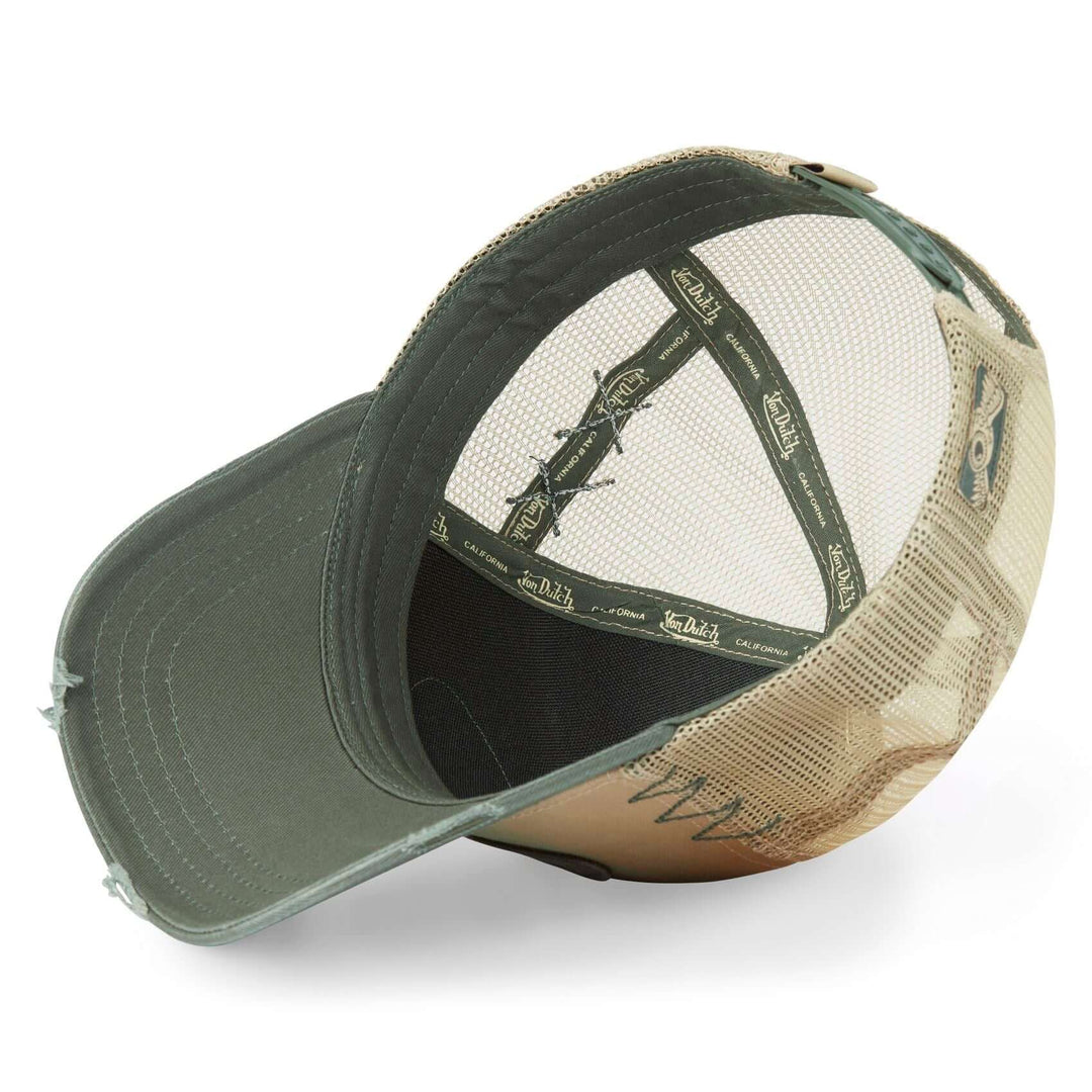Von Dutch Casquette "Used 02" - Von Dutch Casquette "Used 02" – Trucker kaki/beige effet usé. Filet rigide, visière arrondie, snapback ajustable. Coton 50% polyester 50%. - Esprit Pilote
