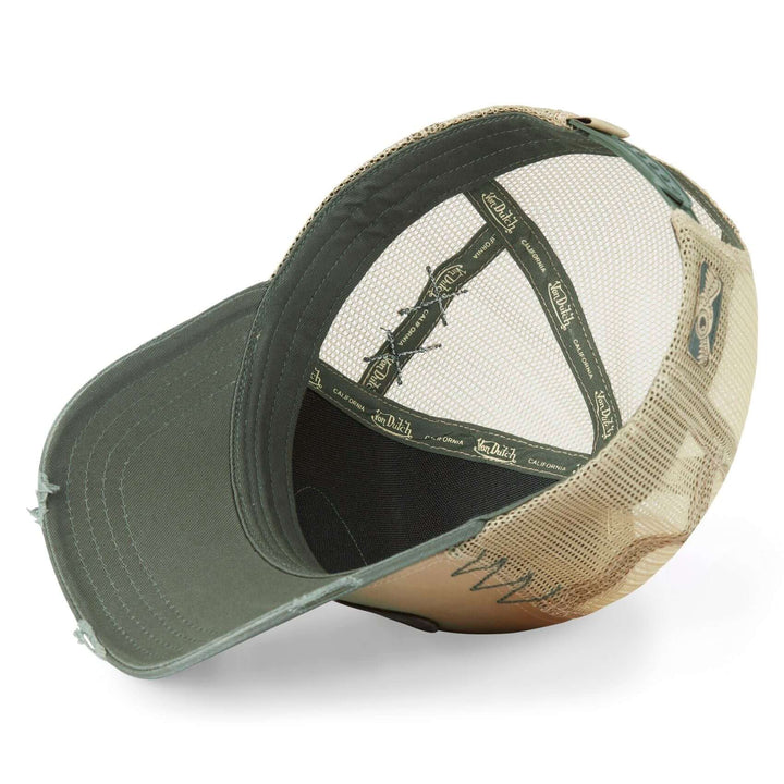 Von Dutch Casquette "Used 02" - Von Dutch Casquette "Used 02" – Trucker kaki/beige effet usé. Filet rigide, visière arrondie, snapback ajustable. Coton 50% polyester 50%. - Esprit Pilote