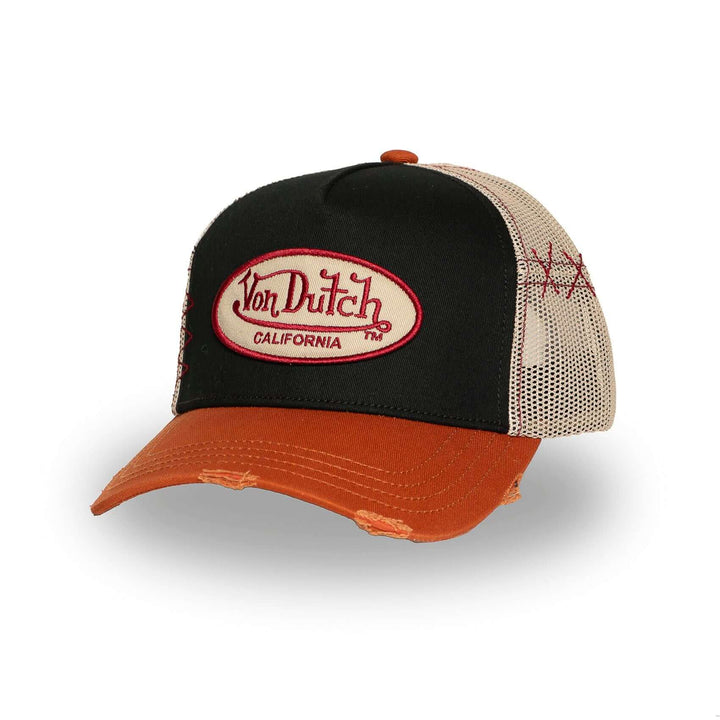 Von Dutch Casquette "Used 09" - Von Dutch Casquette "Used 09" – Trucker marron/noir effet vintage usé. Visière arrondie, filet rigide, snapback ajustable. 50% coton, 50% polyester. - Esprit Pilote