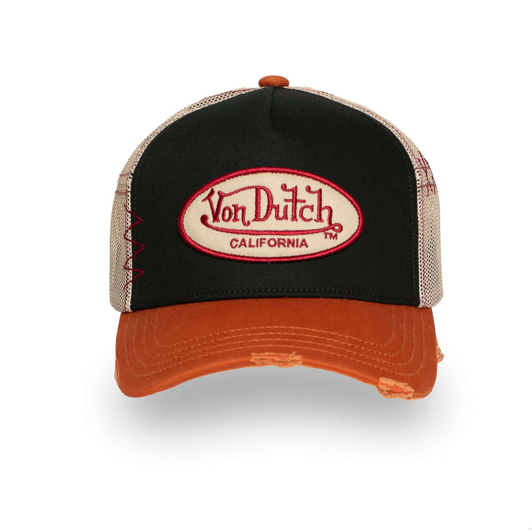 Von Dutch Casquette "Used 09" - Von Dutch Casquette "Used 09" – Trucker marron/noir effet vintage usé. Visière arrondie, filet rigide, snapback ajustable. 50% coton, 50% polyester. - Esprit Pilote