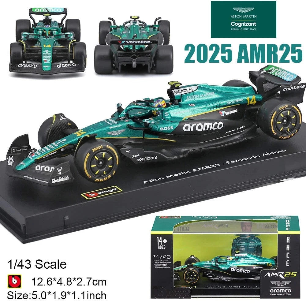 Aston Martin Aramco F1 Team AMR 25 #14 Fernando Alonso 1:43 Aston Martin Aramco F1 Team AMR 25 14 Fernando Alonso 1:43. Modèle signature Bburago à l'échelle 1:43. Réplique détaillée de la monoplace de Fernando Alonso. Esprit Pilote