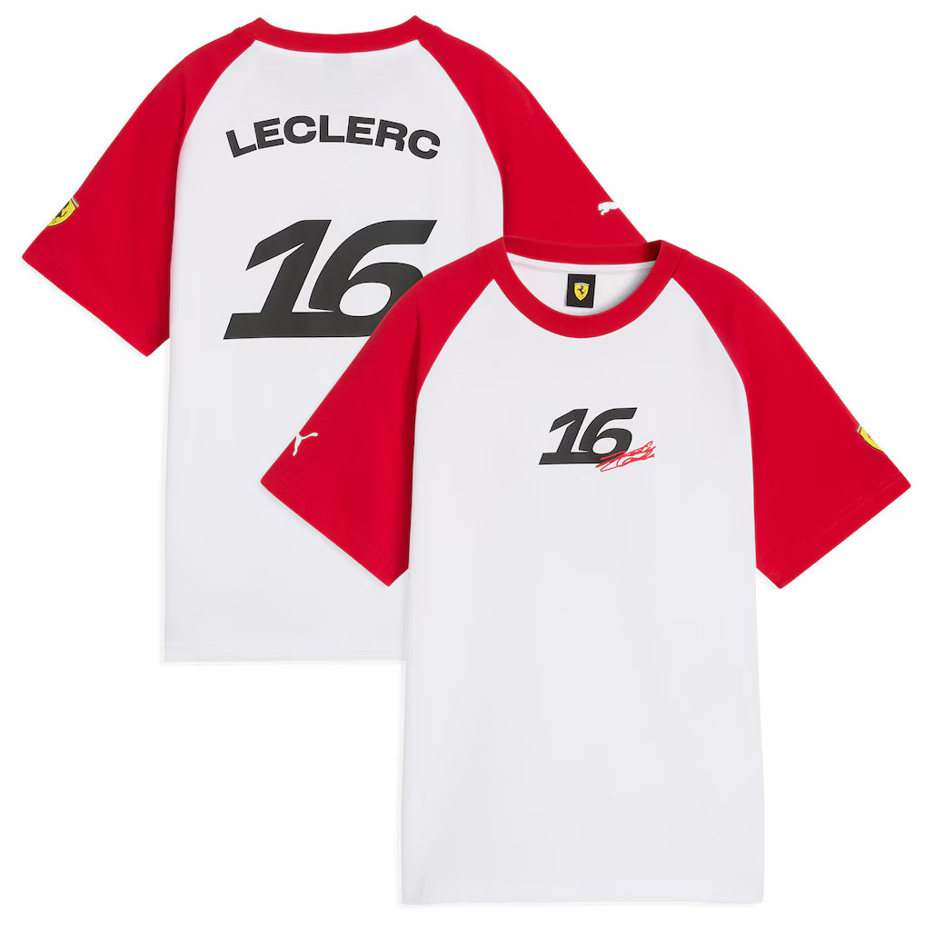 Scuderia Ferrari Tee Shirt Fan Charles Leclerc 2026 - Scuderia Ferrari Tee Shirt Fan Charles Leclerc 2026 — T-shirt F1 100% coton tricoté, col ras du cou et manches raglan. - Esprit Pilote
